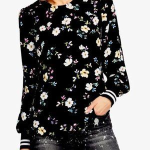 Rachel Roy Floral Long Sleeve Top with Striped Cuffs